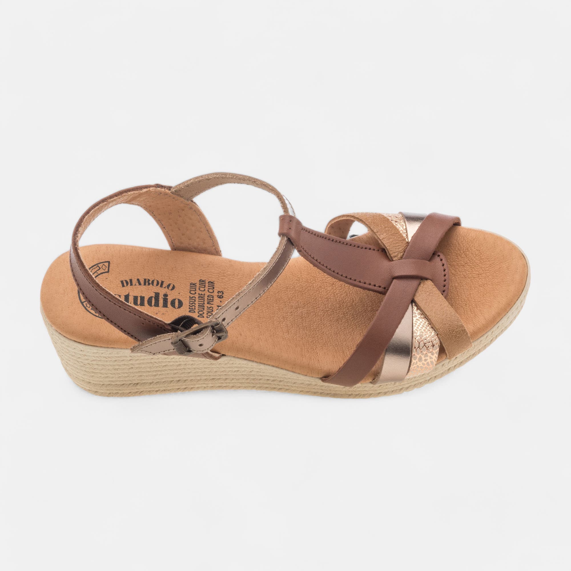 Sandales à talon compensé Femme en cuir cognac