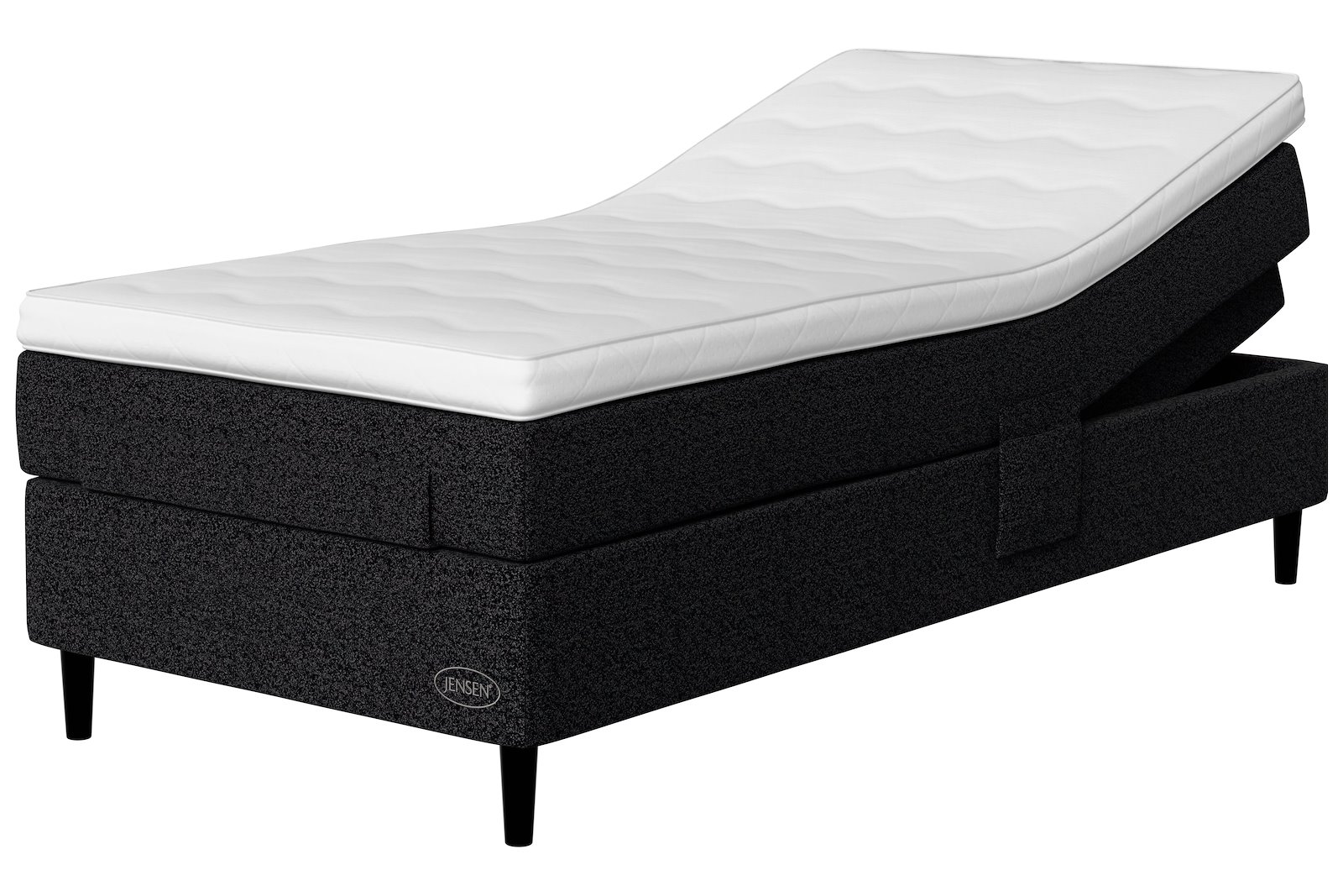 Carat Aqtive II regulerbar seng 90x200 cm tekstil 179 antrasitt, fast, sleep III overmadrass og conic 14 cm sorte ben, gavl selges separate