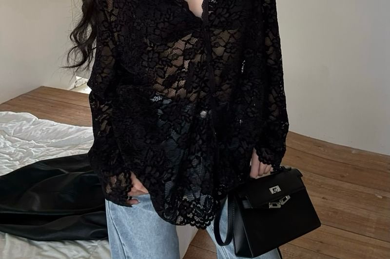 ooit daarna - Oversized doorschijnend kanten V-hals shirt