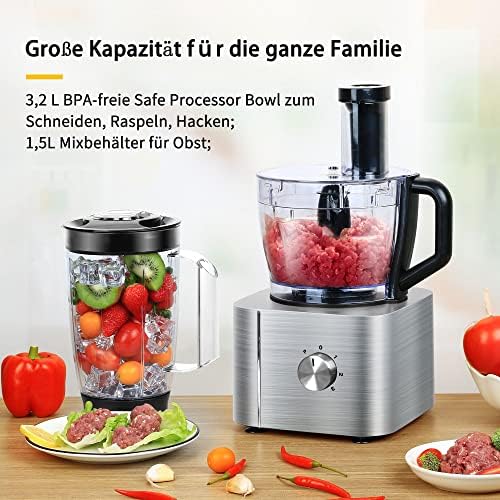 SNDOAS Robot Cuisine Multifonctions, 1100 W Robot Culinaire, Bol Mélangeur 3.2 L, Hachoir Multifonction, Mixeur 1.5 L, Moulin à café, Argent : Cuisine et Maison