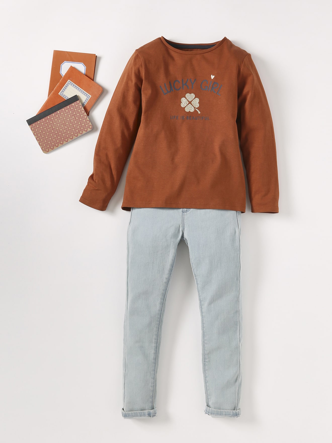 Conjunto de camiseta com mensagem, para meninas + calça jeans básica para meninas