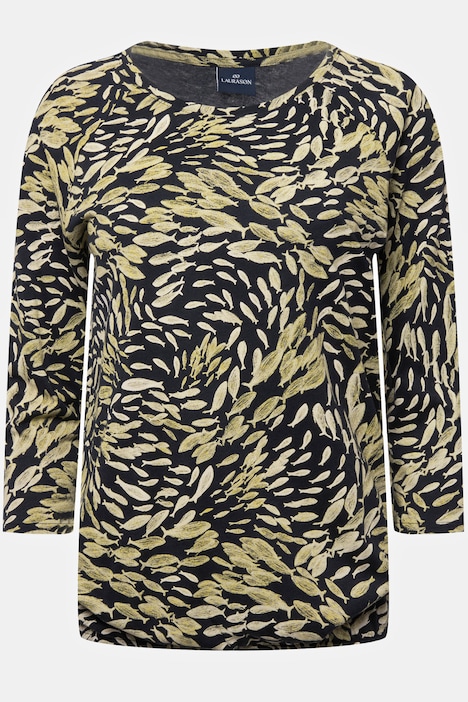 T-Shirt, Fische Print, Rundhals, 3/4-Ärmel, elastischer Saum, OEKO-TEX