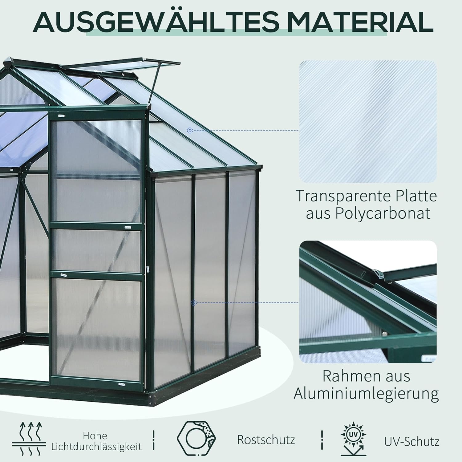 Outsunny Gewächshaus Aluminium Treibhaus mit Dachfenster Tür 190 x 192 x 201 cm Pflanzenhaus mit Fundament begehbares Tomatenhaus Witterungsbeständig Polycarbonat Grün+Transparent