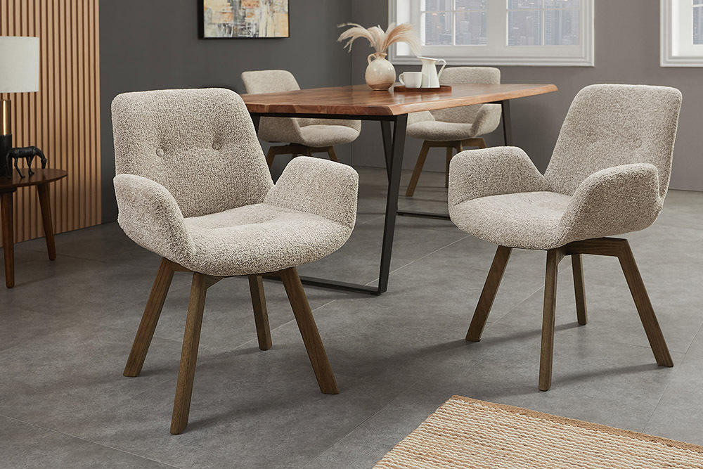 Drehbarer Design Stuhl BALTIC taupe Bouclé Tweed Soft Eiche Massivholz