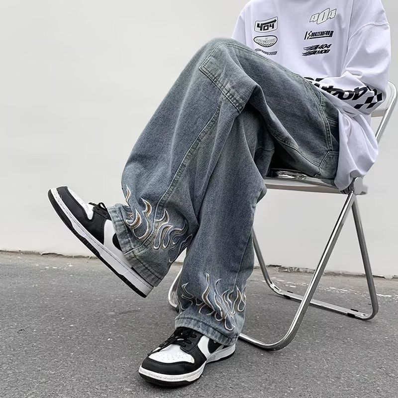 Double White - Mid Rise Flame Print Washed Panel Straight Leg Jeans