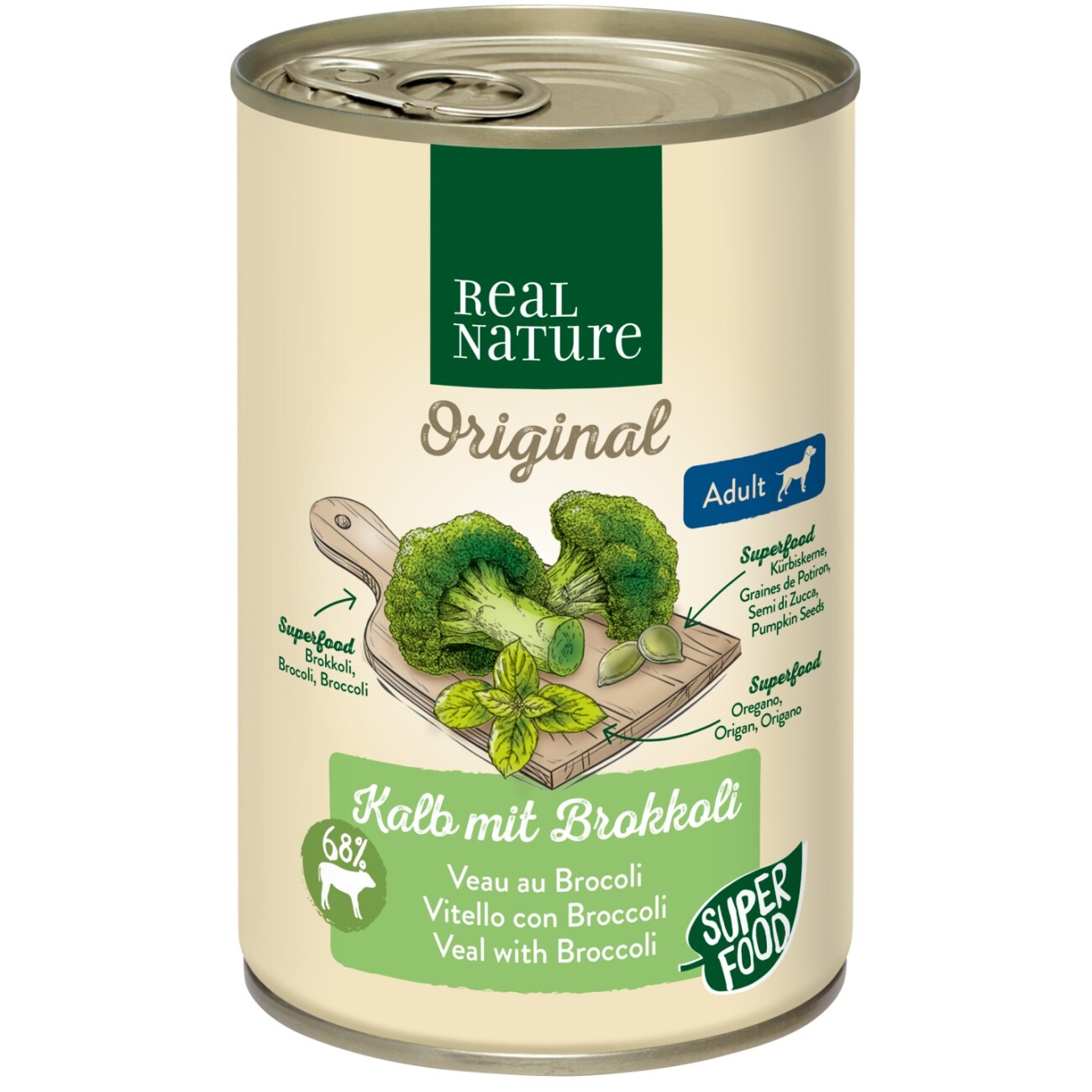 REAL NATURE Superfood Nassfutter Hund, Adult, Kalb mit Brokkoli 6x400 g