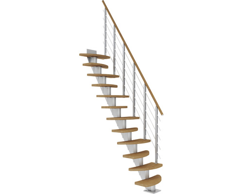 Pertura Aris Pearl Grey Center Stringer Trap, Variabel, Kwartslag, Links/Rechtsonder, Recht, 64 cm, Leuning, Eikenhout, Gelijmd Gelamineerd, Geolied, 10 Treden / 11 Stootborden