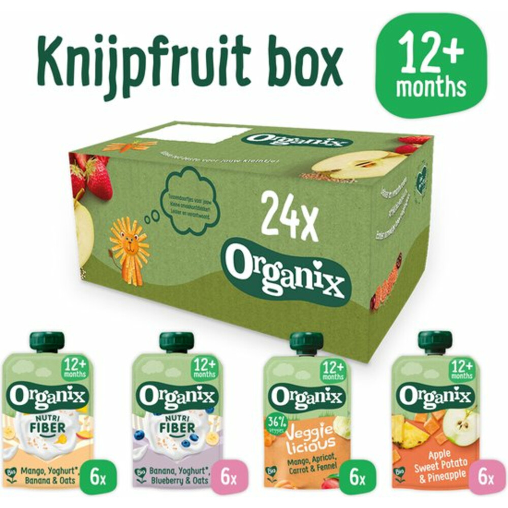Organix Knijpfruit Box 12+ mnd - Nutri Fiber Mango Yoghurt Banaan 6 x 100 gr + Nutri Fiber Banaan Blauwe Bes Yoghurt 6x 100 gr + Mango, Abrikoos, Wortel & Venkel 6 x 100 gr + Appel Zoete Aardappel & Ananas 6 x 100 gr Pakket