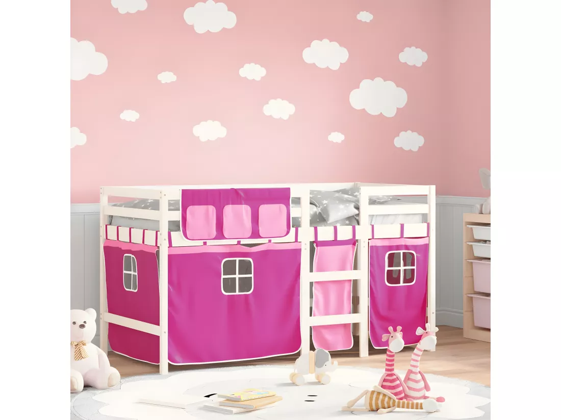 Lit mezzanine enfants et rideaux rose 90x200cm bois pin massif