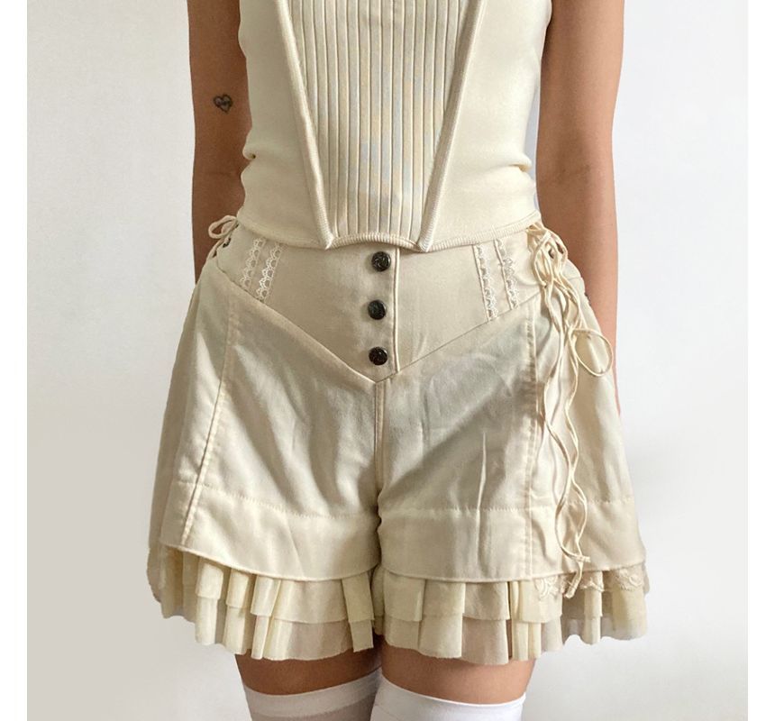 PolkaBella - Hoge taille, effen korte broek met ruches