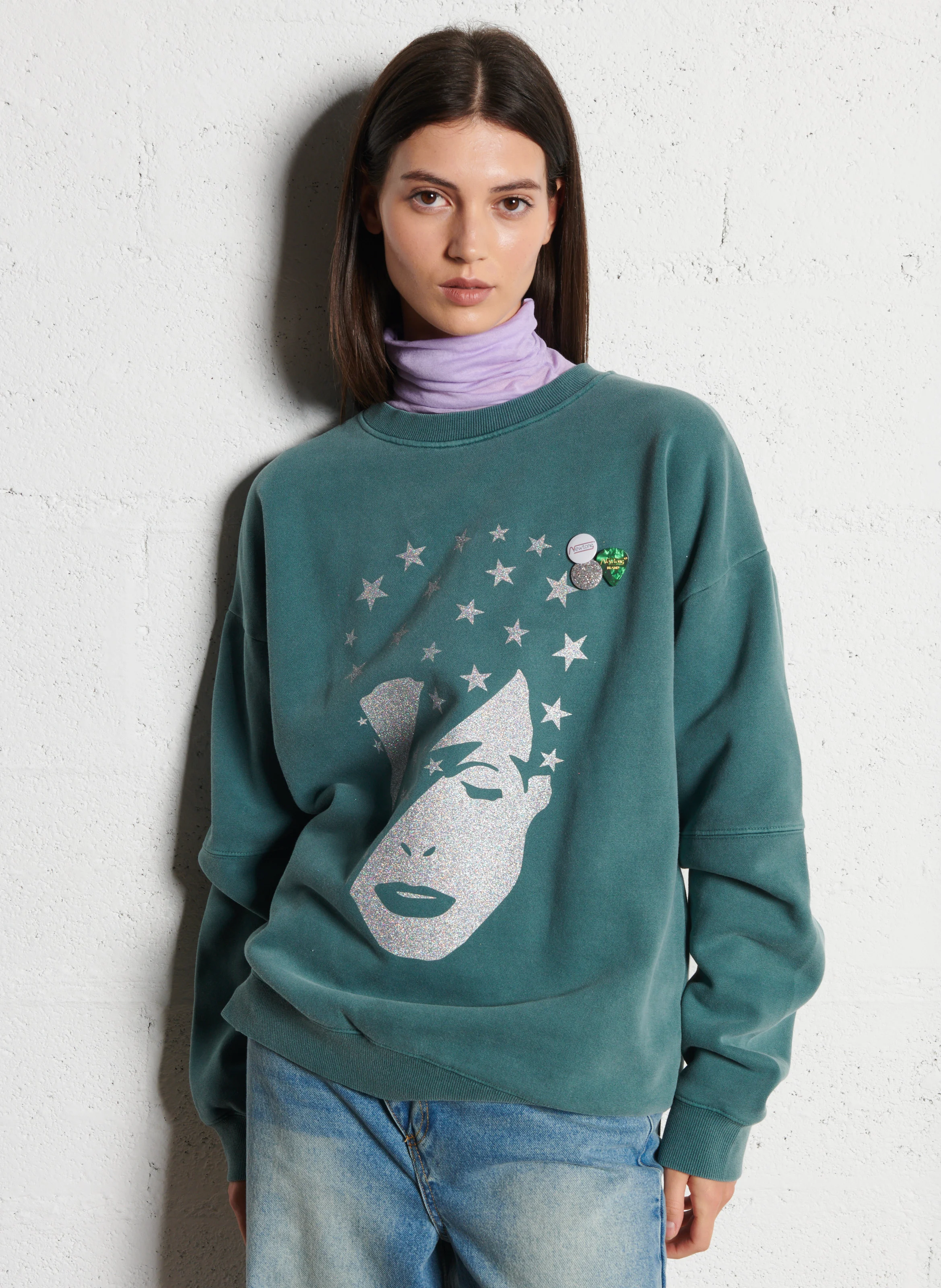 ROLLER SINGER - Sweat ample col rond sérigraphié en coton mélangé | Vert