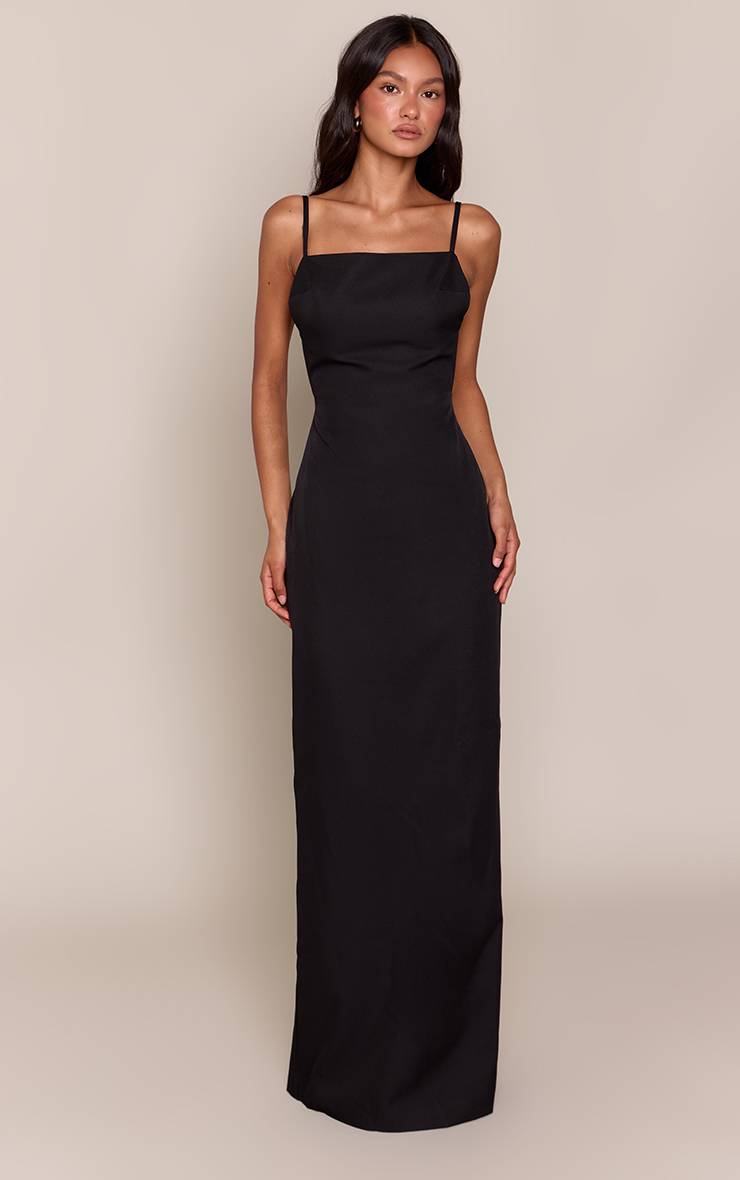 Noir Robe Longue Tissée Dos Ouvert À Encolure Droite