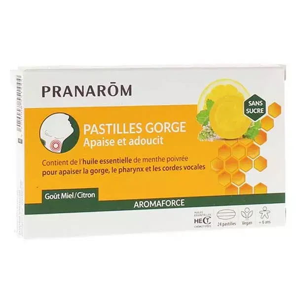 Pastilhas para a garganta Pranarom Aromaforce com mel e limão, 24 unidades.