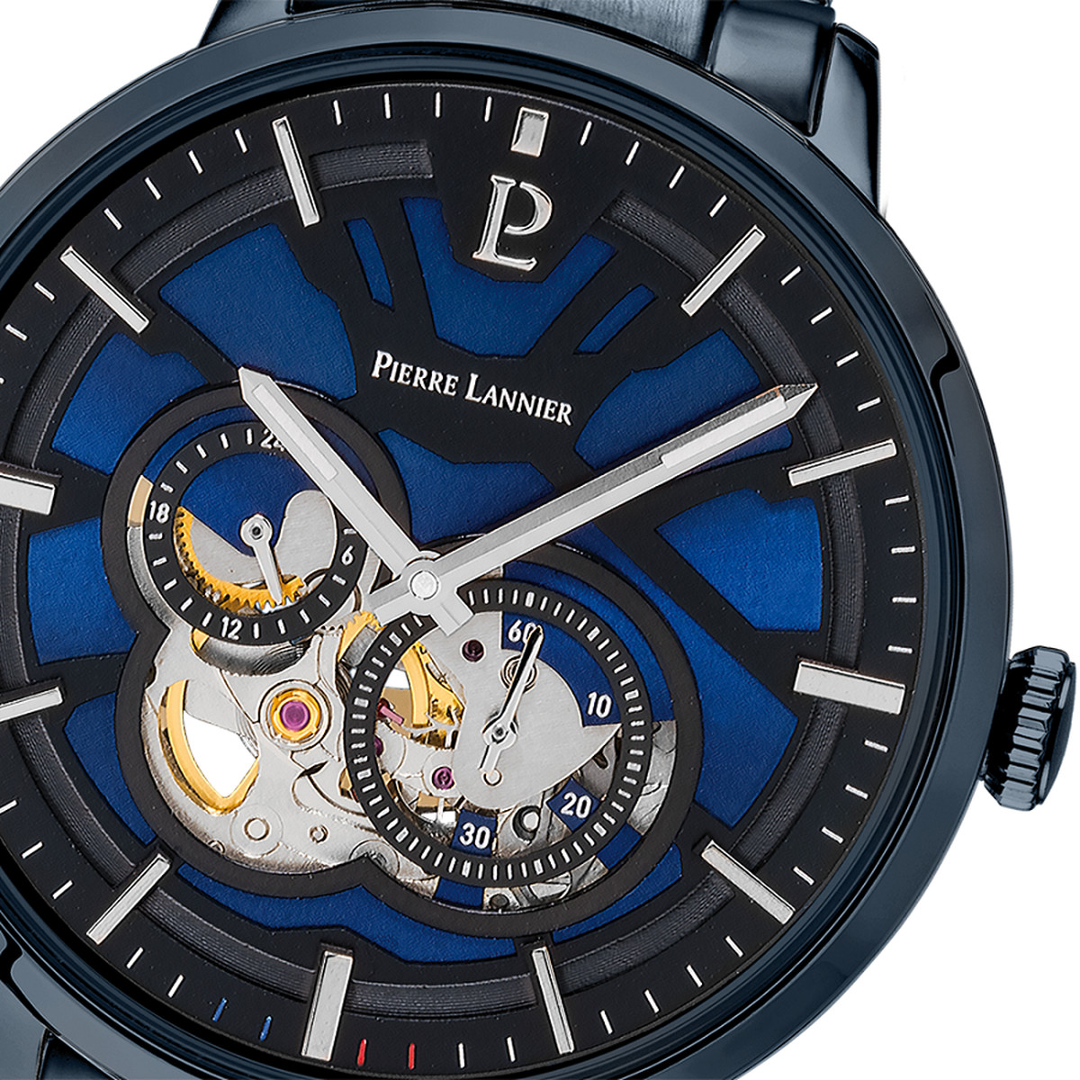 Montre PIERRE LANNIER trio homme automatique, bracelet acier bleu