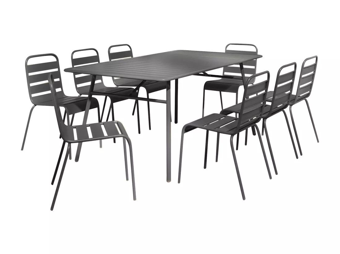 Salle à manger de jardin en métal - une table L.200 cm et 8 chaises empilables - Gris anthracite - MIRMANDE de MYLIA