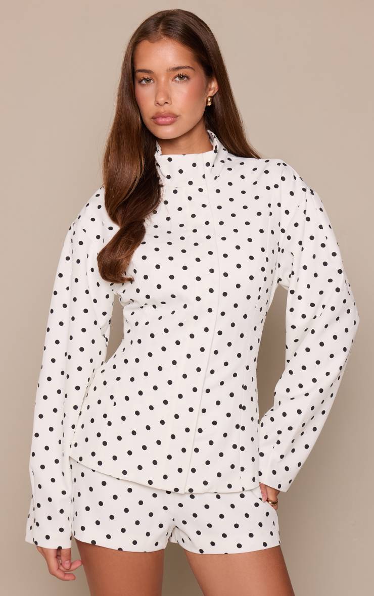 Blanc Veste Ajustée À Manches Cocon À Pois