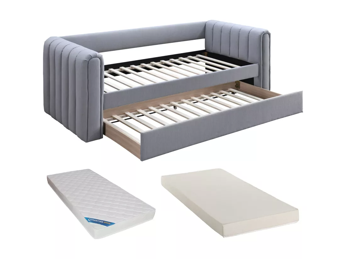 Lit gigogne 90 x 190 cm - Tissu - Gris + Matelas - SAHONA