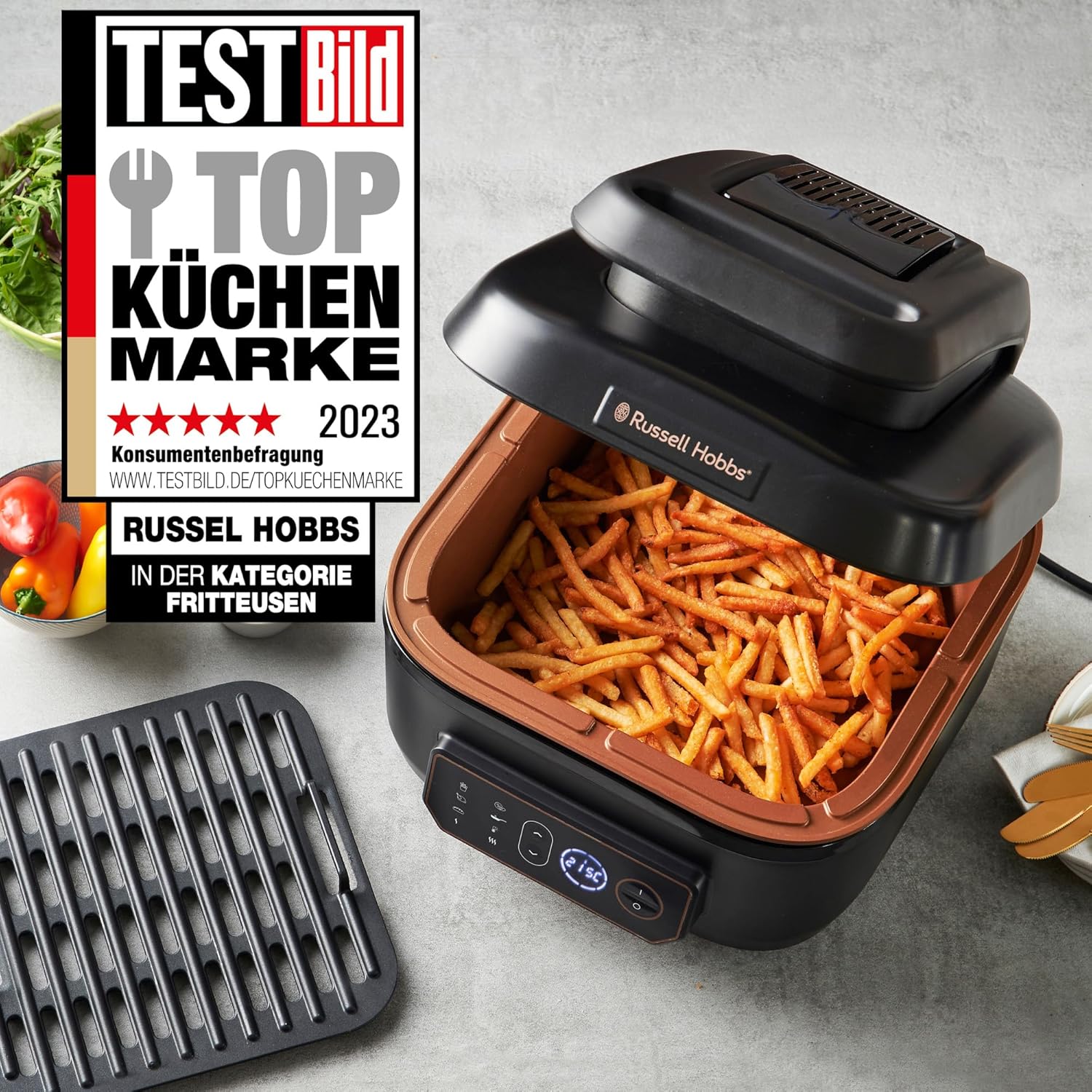 Russell Hobbs Heißluftfritteuse XL 5,5 l [Air Fryer/Grill/Multikocher] Rapid Air (spülmaschinenfest, Ober-&Unterhitze, kein Schütteln mehr, Slow Cooker, Backen, TK Pizza Ø 30cm) SatisFry 26520-56
