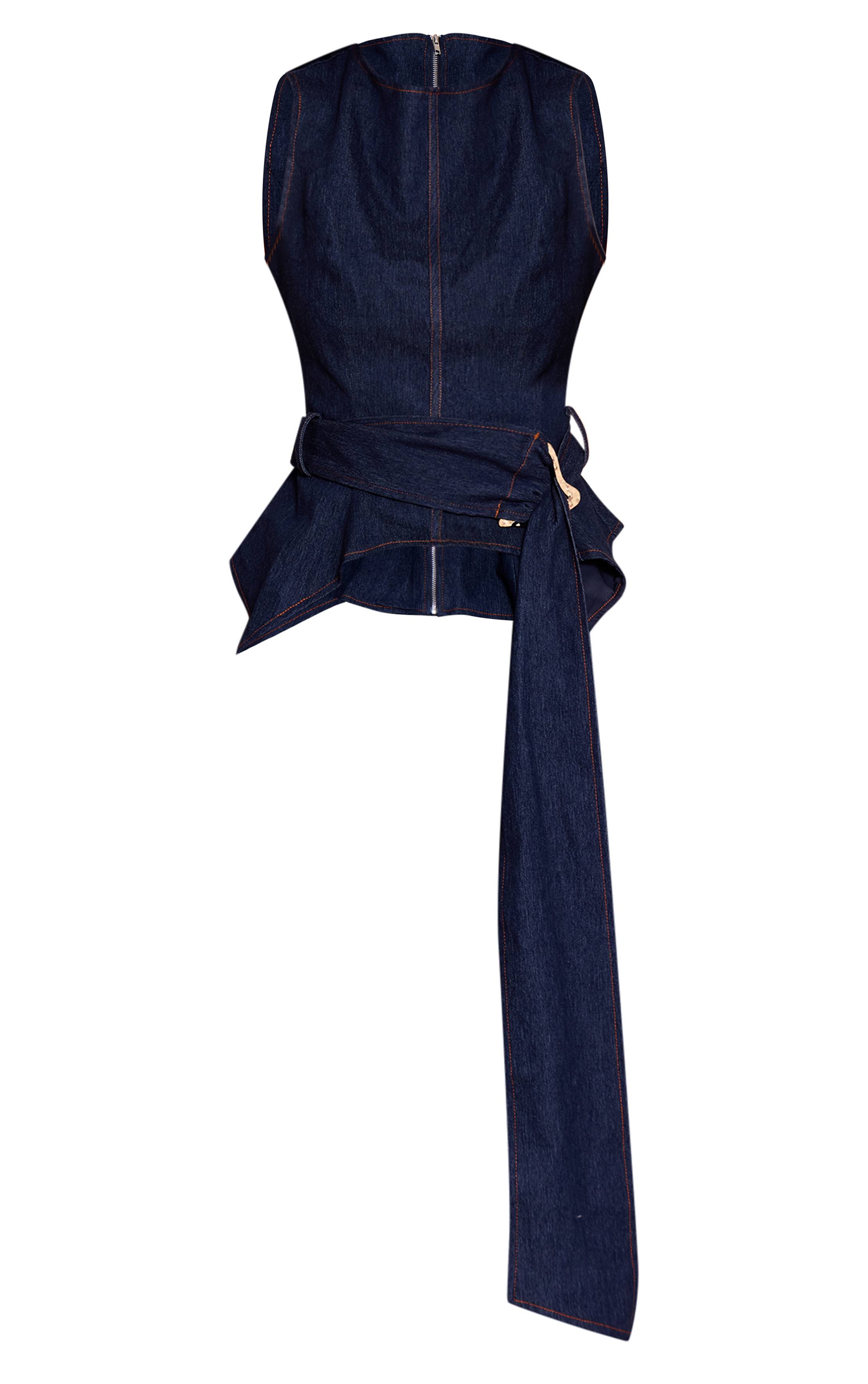 Bleu Indigo Haut Péplum En Denim Chambray Bleu Avec Ceinture Décorative