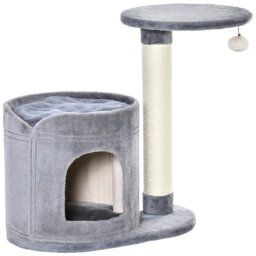 Arranhador PawHut com caverna, cinza, para gatos de pequeno porte.