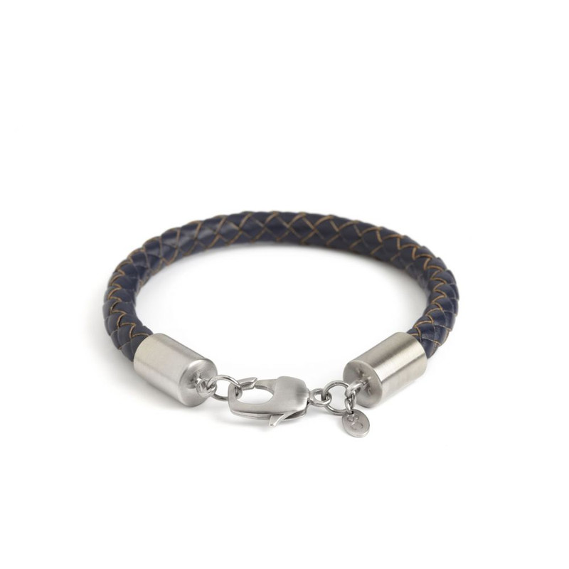 Bracelet cuir tressé marine, platine plaqué brossé, Simon Carter