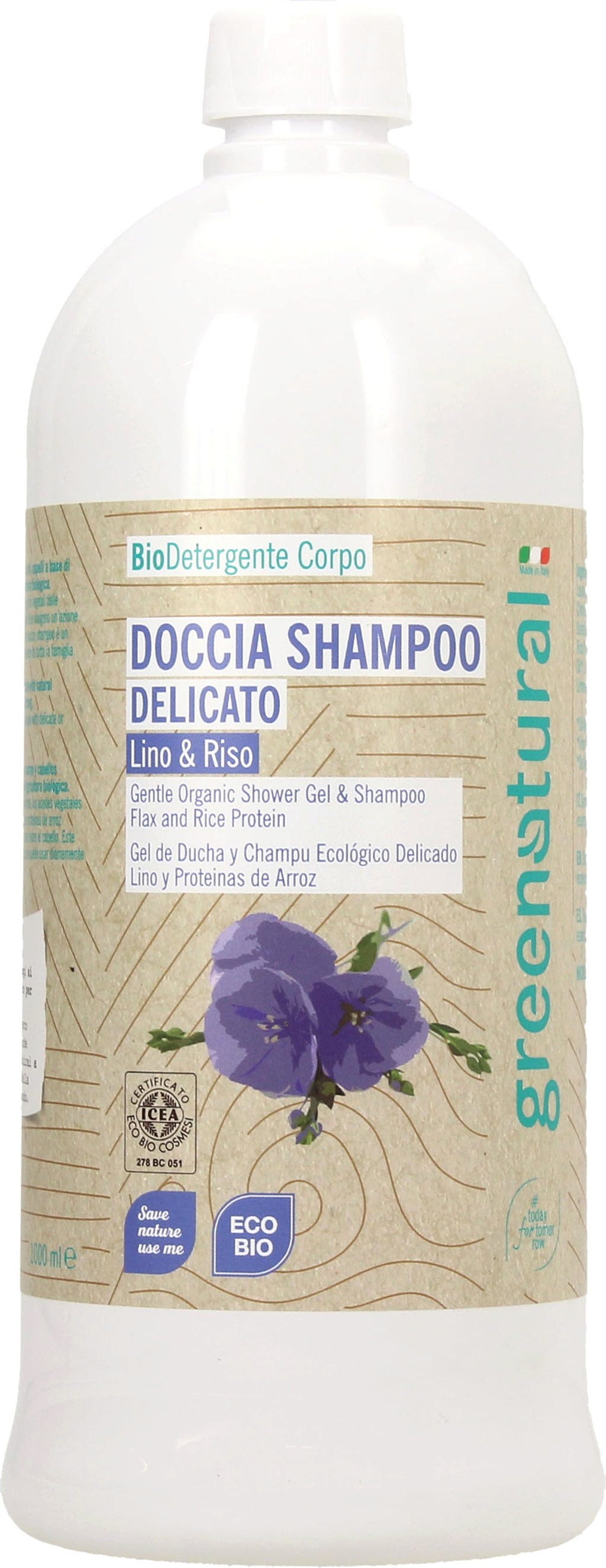 greenatural  2in1 Sanftes Duschgel & Shampoo Flachs & Reis, 1000 ml (1 l)