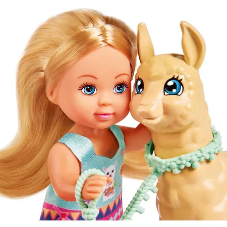 Simba Evi Love Puppe im süßen Outfit mit Alpaka und Leine, 12 cm