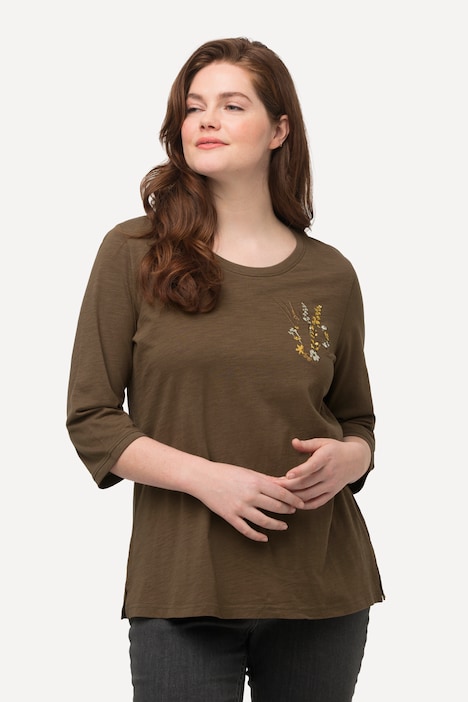 Shirt, Stickerei, Rundhals, 3/4-Arm, Biobaumwolle