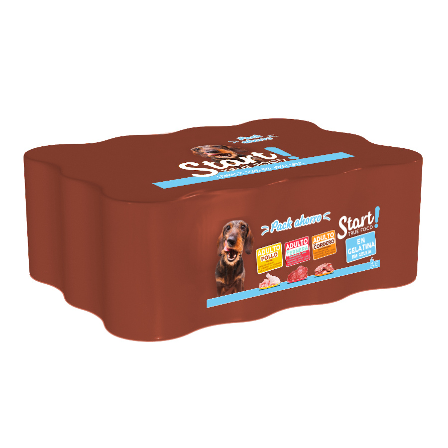 Comece! Ração em lata de gelatina para cães adultos com frango, carne bovina e cordeiro – Pacote múltiplo