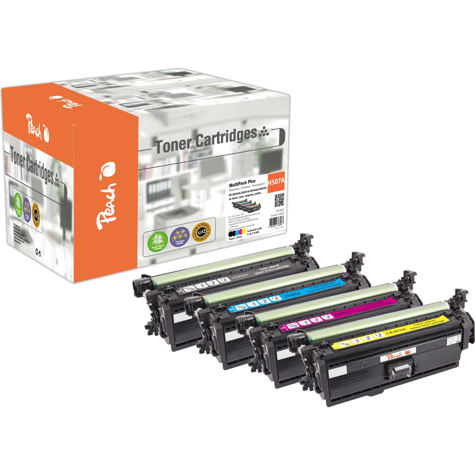 Peach HP 507 A 5 Toner (2*bk, c/m/y) ersetzt HP No. 507A, CE400A*2, CE401A, CE402A, CE403A für z.B. HP LaserJet Enterprise 500 color M 551 (wiederaufbereitet)