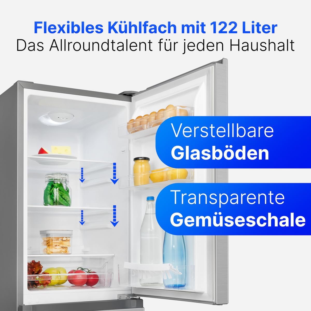 Bomann® Kühlschrank mit Gefrierfach | Energieklasse D | 143cm | Kühl Gefrierkombination leise 39 dB | 3 Ablagen & 3 Schubladen | Türanschlag wechselbar | 175L Kühlgefrierkombi | KG 322.1 inox