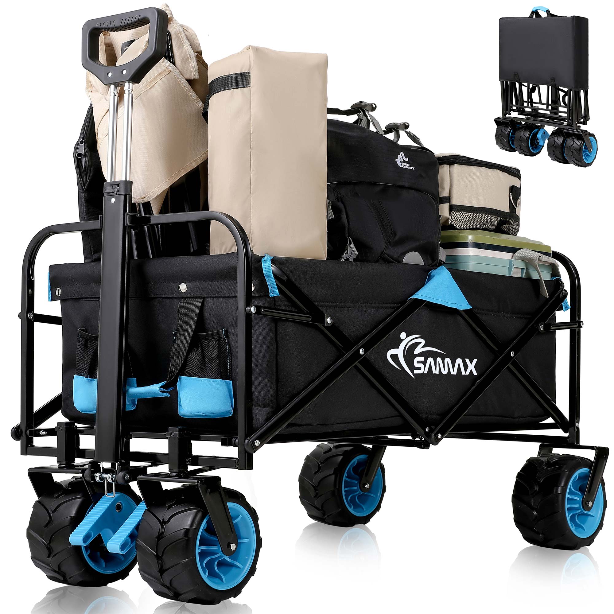 SAMAX Faltbarer Bollerwagen Offroad Camping Edition bis 200 kg - Schwarz / Blau
