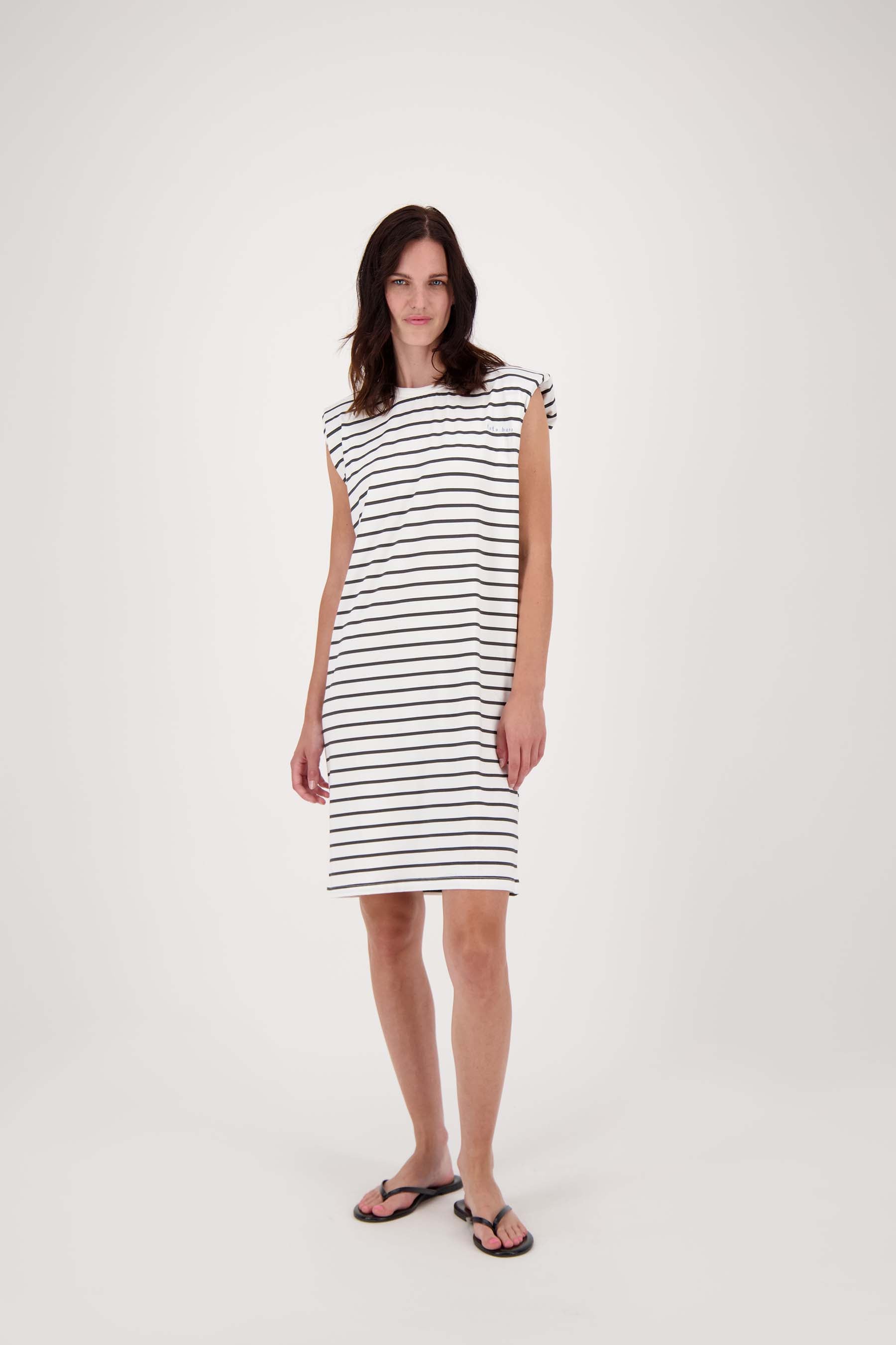 jersey streep jurk met schoudervullingen
