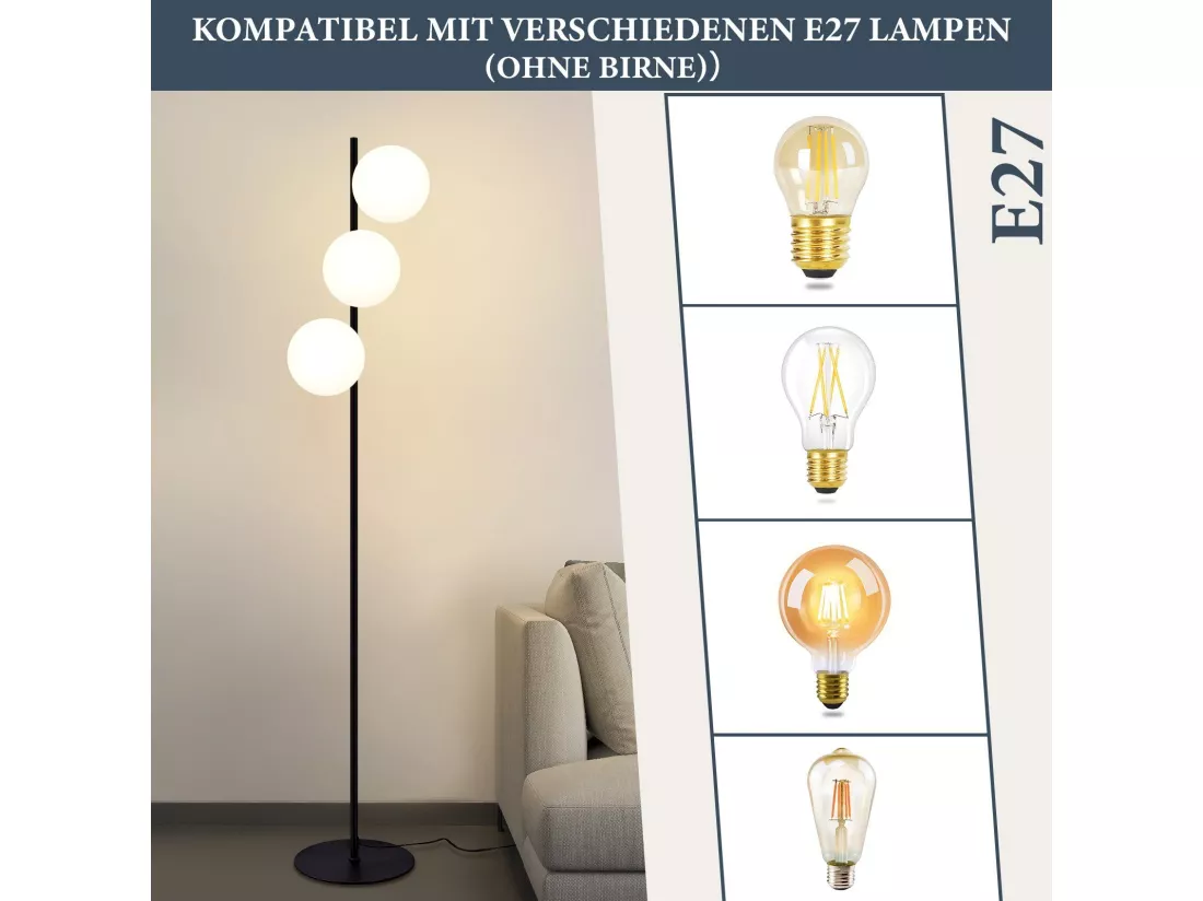 NETTLIFE Lampadaire noir - Moderne Lampadaire Salon à 3 flammes avec interrupteur à pied Métal Design Verre E27 Industriel Vintage Lampe de sol