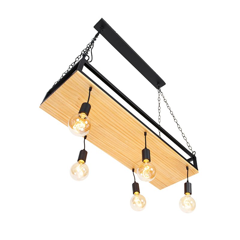 Industriële hanglamp zwart met hout 5-lichts - Shelf