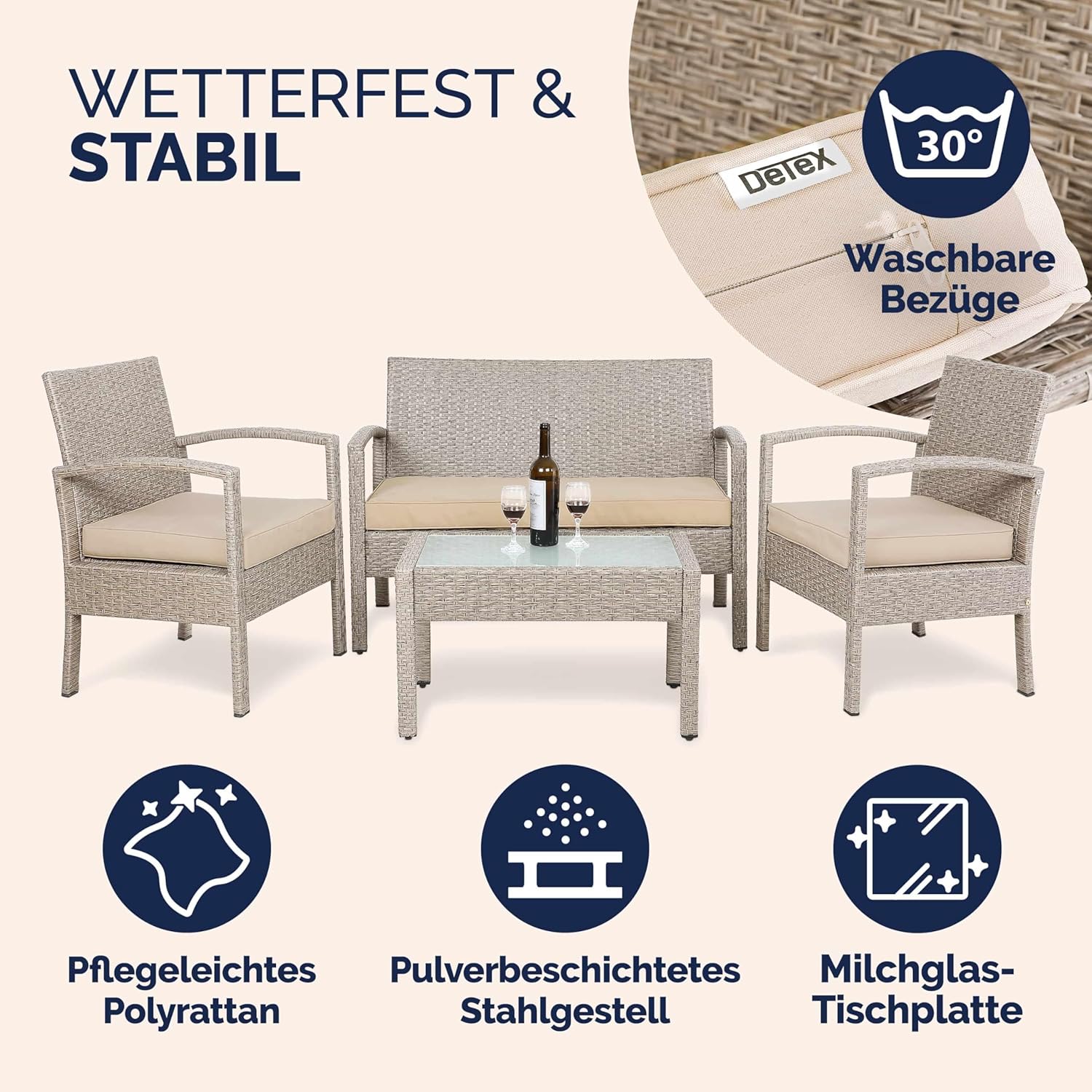 Casaria® Gartenmöbel Set Wetterfest 4 Personen Outdoor inkl. Auflagen Polyrattan 2 Sessel Gartenbank Tisch Garten Terrasse Balkon Möbel Lounge Creme