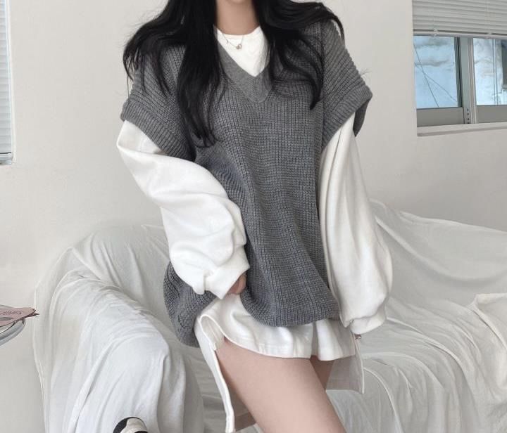 Cerauno - V-hals oversized trui/vest/ronde hals oversized trui/set