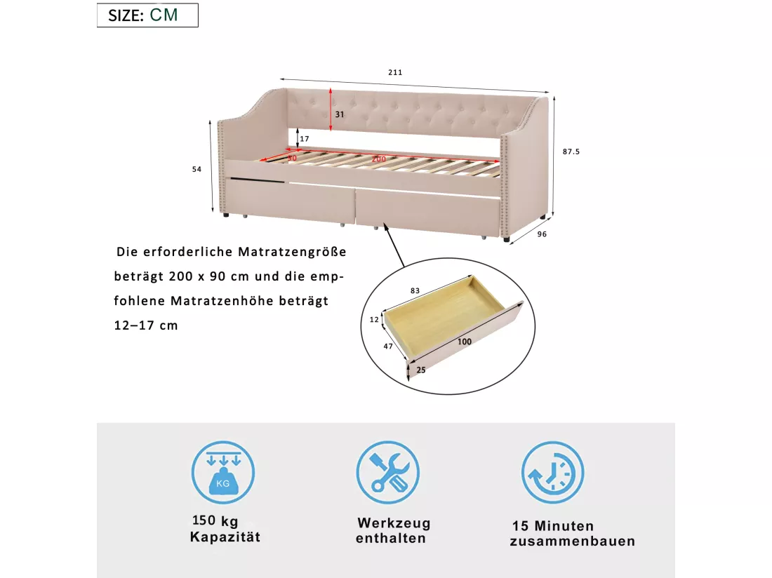 Lit banquette capitonné - 90 x 200 cm - 2 tiroirs - sommier à lattes - tissu beige
