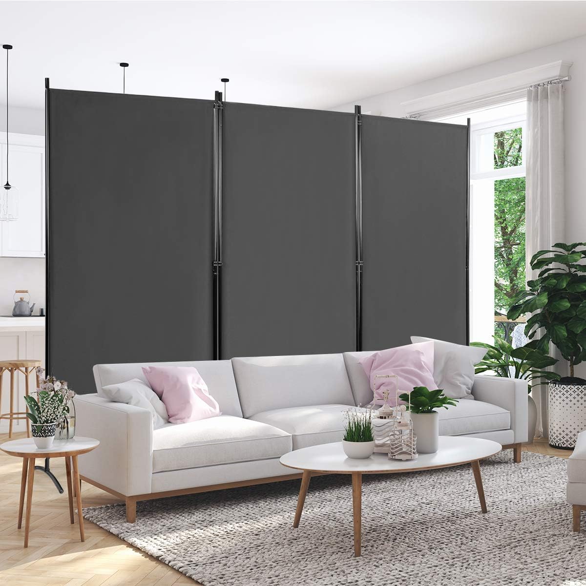 COSTWAY 260 x 183cm Raumteiler, Paravent 3 teilig klappbar, Trennwand Wandschirm aus Metall & Polyester, Sichtschutz Room Divider Innen für Zuhause Büro Terrasse (Grau, 3-teiliger) HH5082837