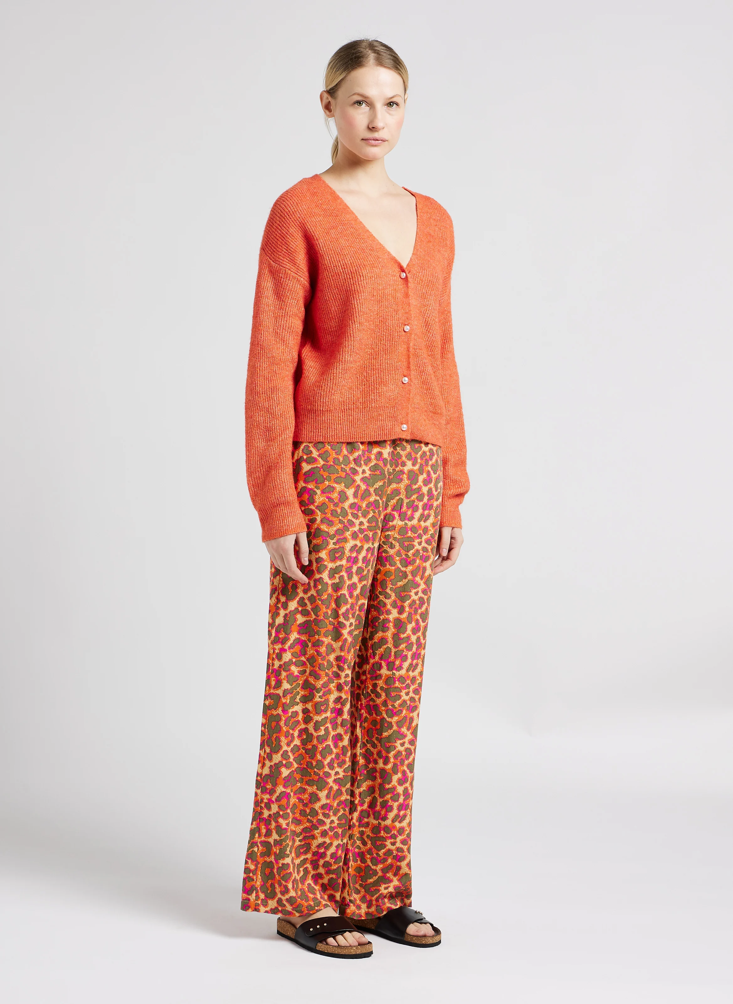Gilet col V en maille mélangée| Orange