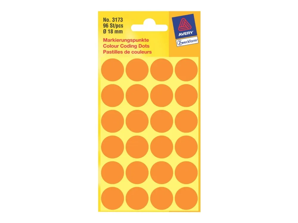 Etiket Avery lys orange Ø18 mm - (4 ark x 24 stk.)