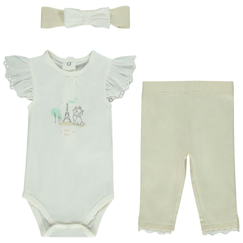Ensemble 3 pièces avec broderie anglaise Marie Disney pour bébé fille - Ecru
