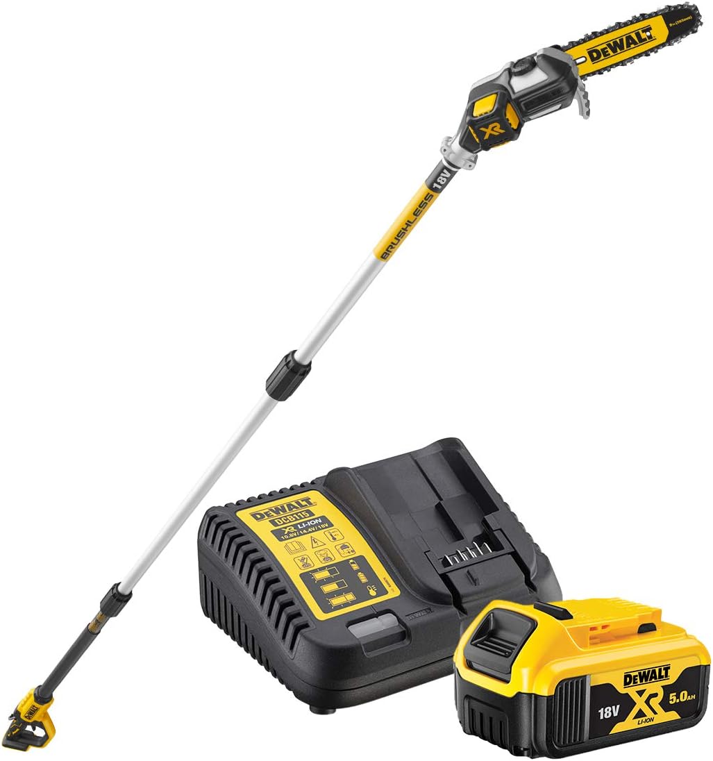 DEWALT Podadora de pÚrtiga sin escobillas, Multicolor, DEWALT DCMPS567P1-QW - Podadora de pértiga XR 18V con 1 batería Li-Ion 5,0Ah