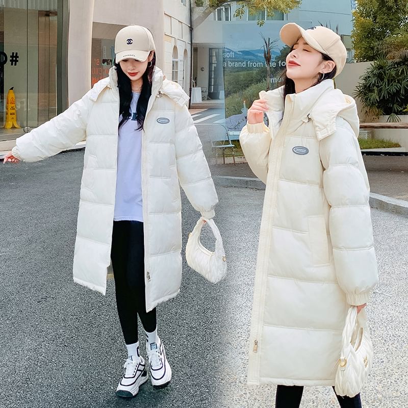 Sienne - Lettering Hooded Midi Zip Puffer Jacket