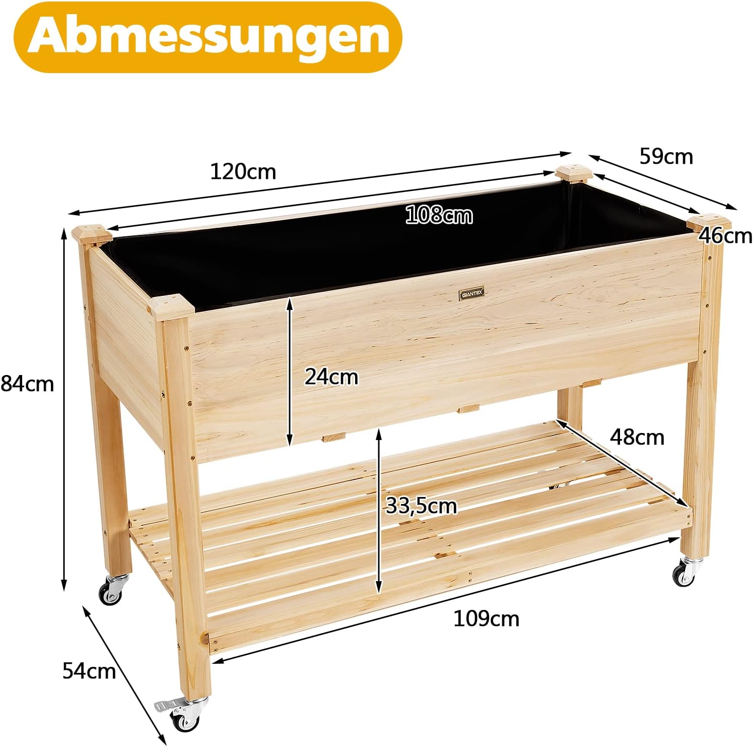 GOPLUS Hochbeet mit Rollen, Gartenbeet mit Ablage & Abflusslöcher, Pflanzbeet aus Tannenholz für Garten & Terrasse, Natur (mit Rollen, 120x59x84 cm)