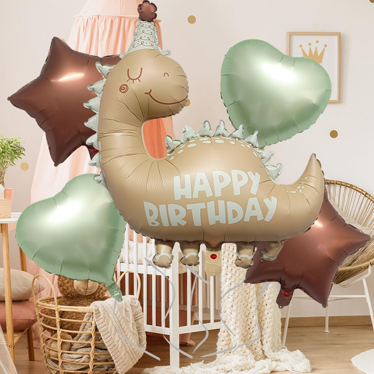 (5-tlg. Set) Happy Birthday Dinosaurier Folien Ballon Kinder Geburtstags Party Deko Luftballon inkl. Herz / Stern - Braun / Grün