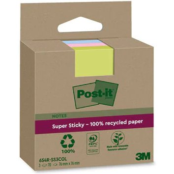Recycling Notes assorties Super Sticky 76 x 76 mm - bloc de 70 feuilles
