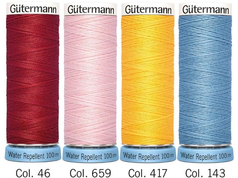 Gütermann Nähgarn-Set Water Repellent 4 Stück, Blau/Gelb/Ro Wasserabweisender Universalnähfaden im Set