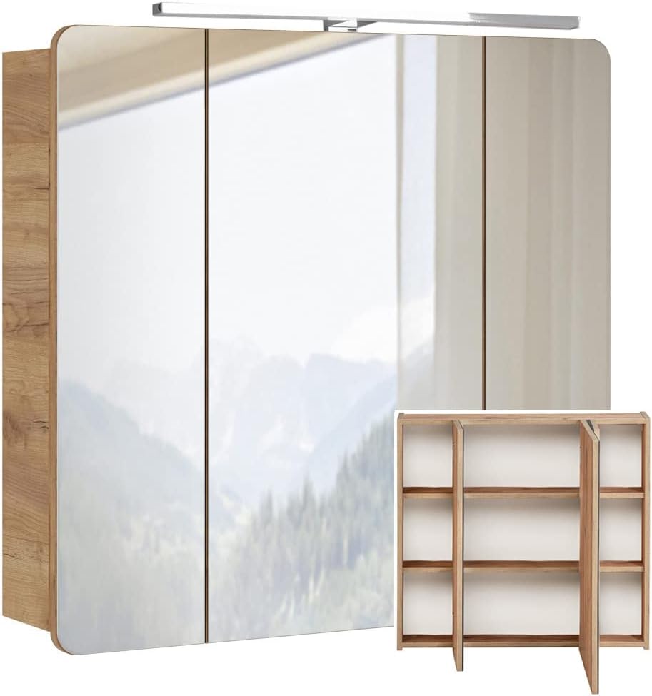 Lomadox Badezimmermöbel Set mit 81 cm Waschtisch & LED-Spiegelschrank, Wotan Eiche Nb., B/H/T ca. 130/200/46 cm