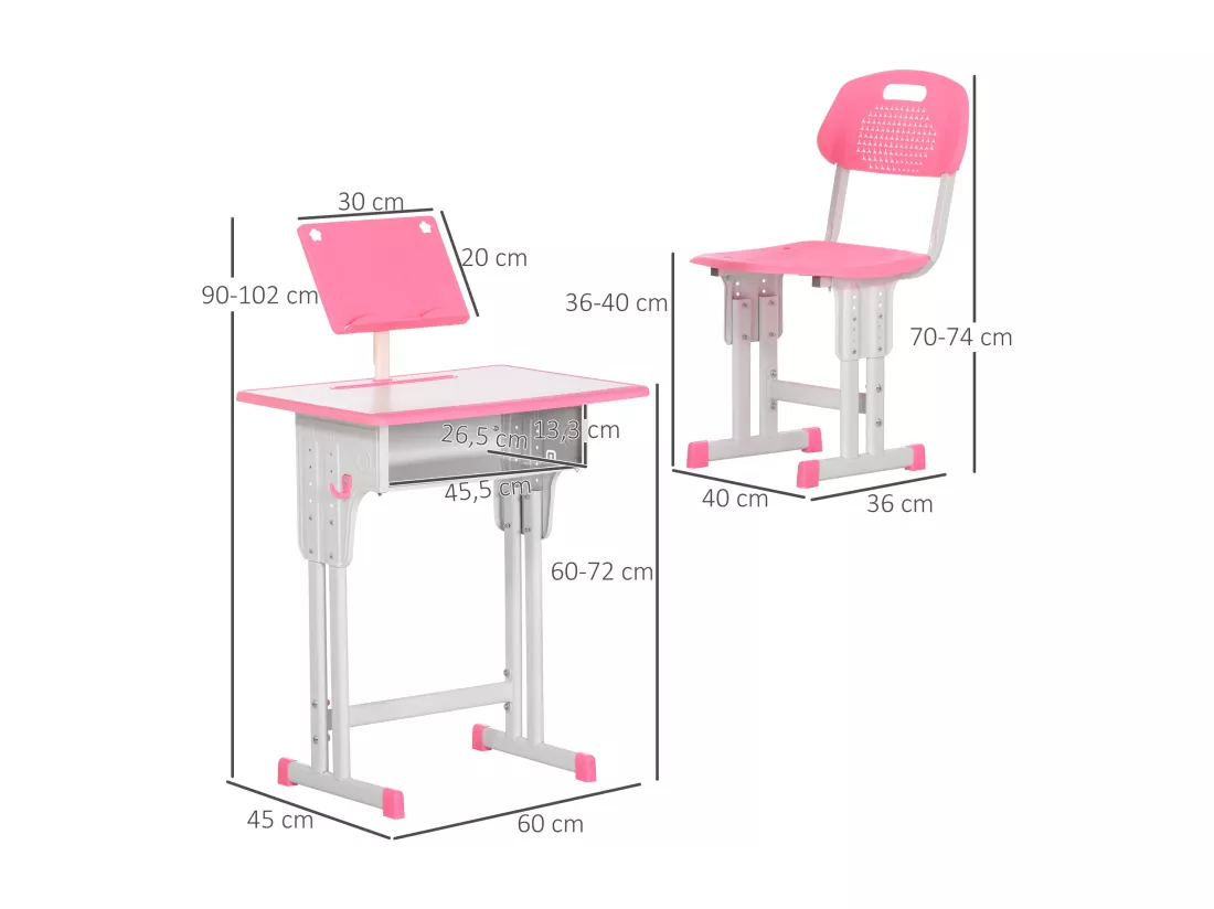 Bureau enfant avec chaise - ensemble bureau et chaise réglable - support de lecture, case - rose blanc